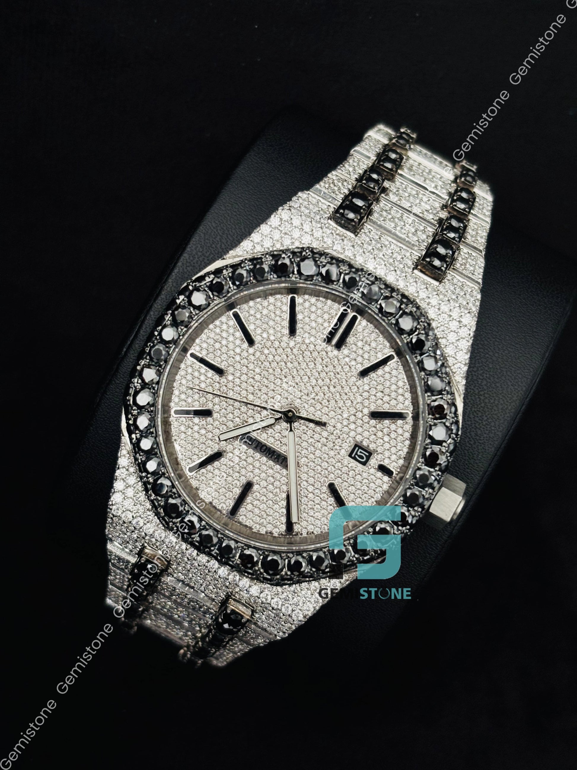 Black Bar Moissanite Fully Studded Watch For Men_s