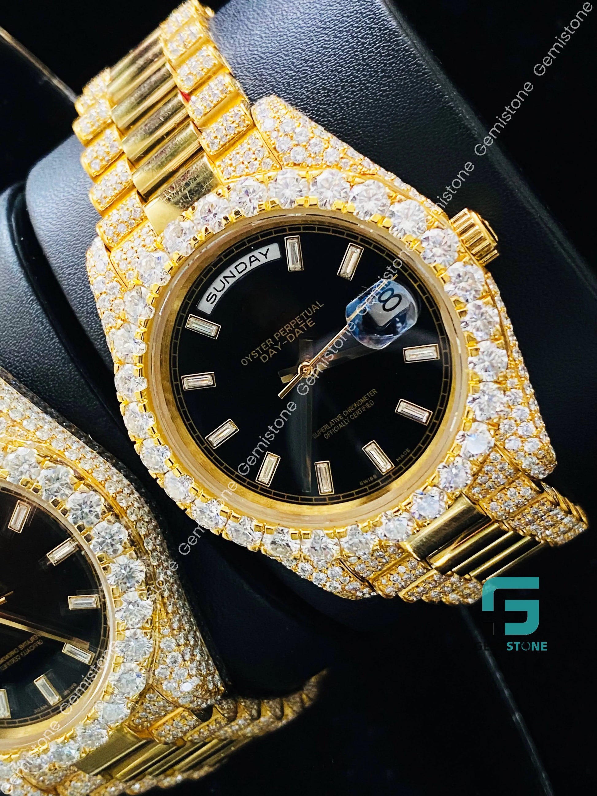 Black Dial Baguette Bar Moissanite Watch