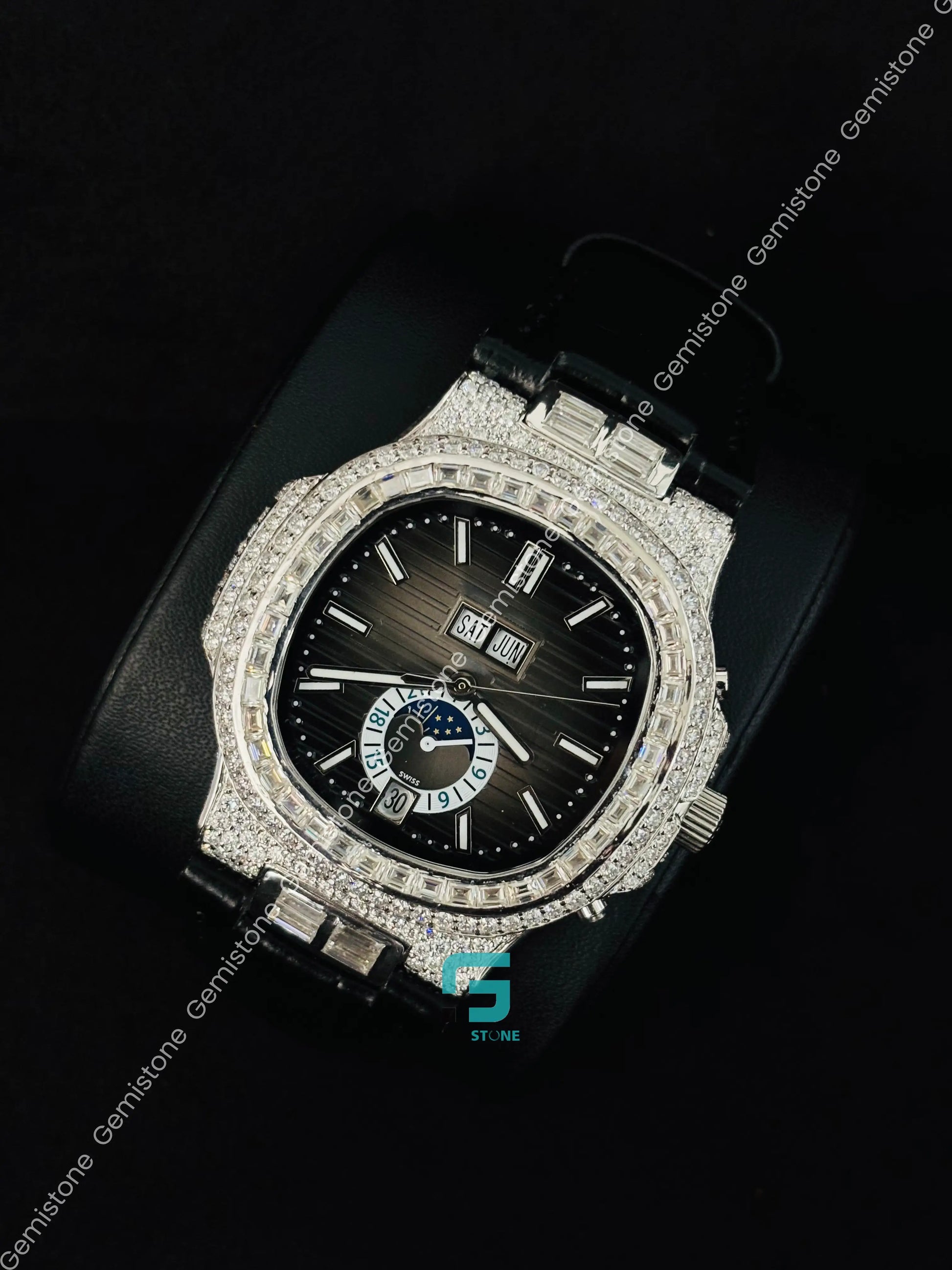 Black Dial Hip Hop Patek Philippe Moissanite Watch For Men