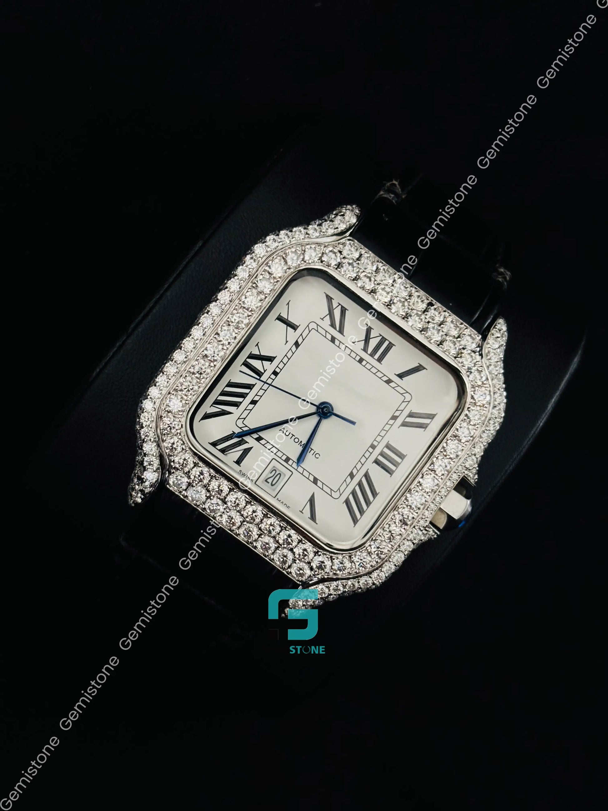 Black Lather Strap Moissanite Iced Out Roman Number Hip Hop Watch