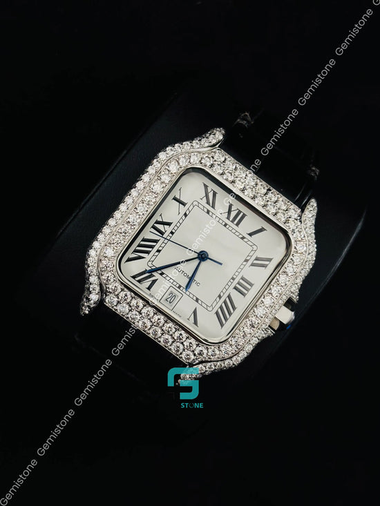 Black Lather Strap Moissanite Iced Out Roman Number Hip Hop Watch
