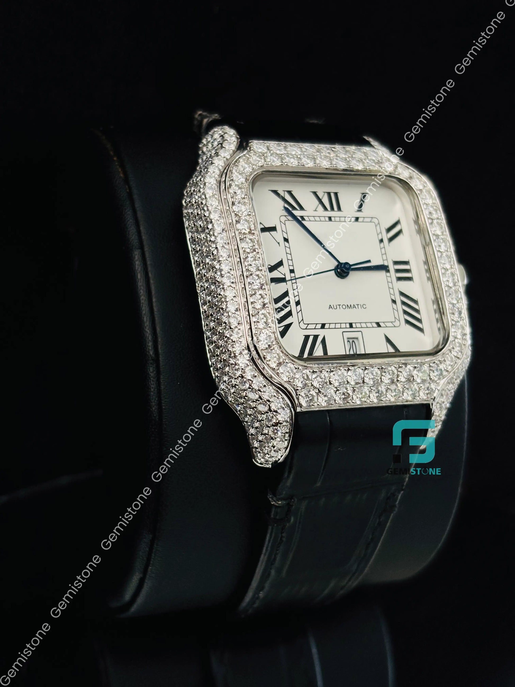Black Lather Strap Moissanite Roman Number Hip Hop Watch