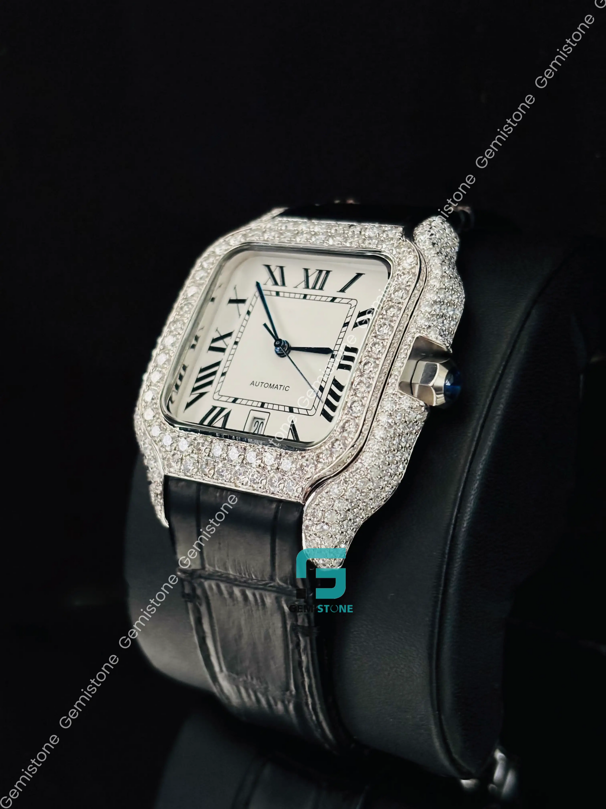 Black Lather Strap Moissanite Roman Number Hip Hop Watch For Men