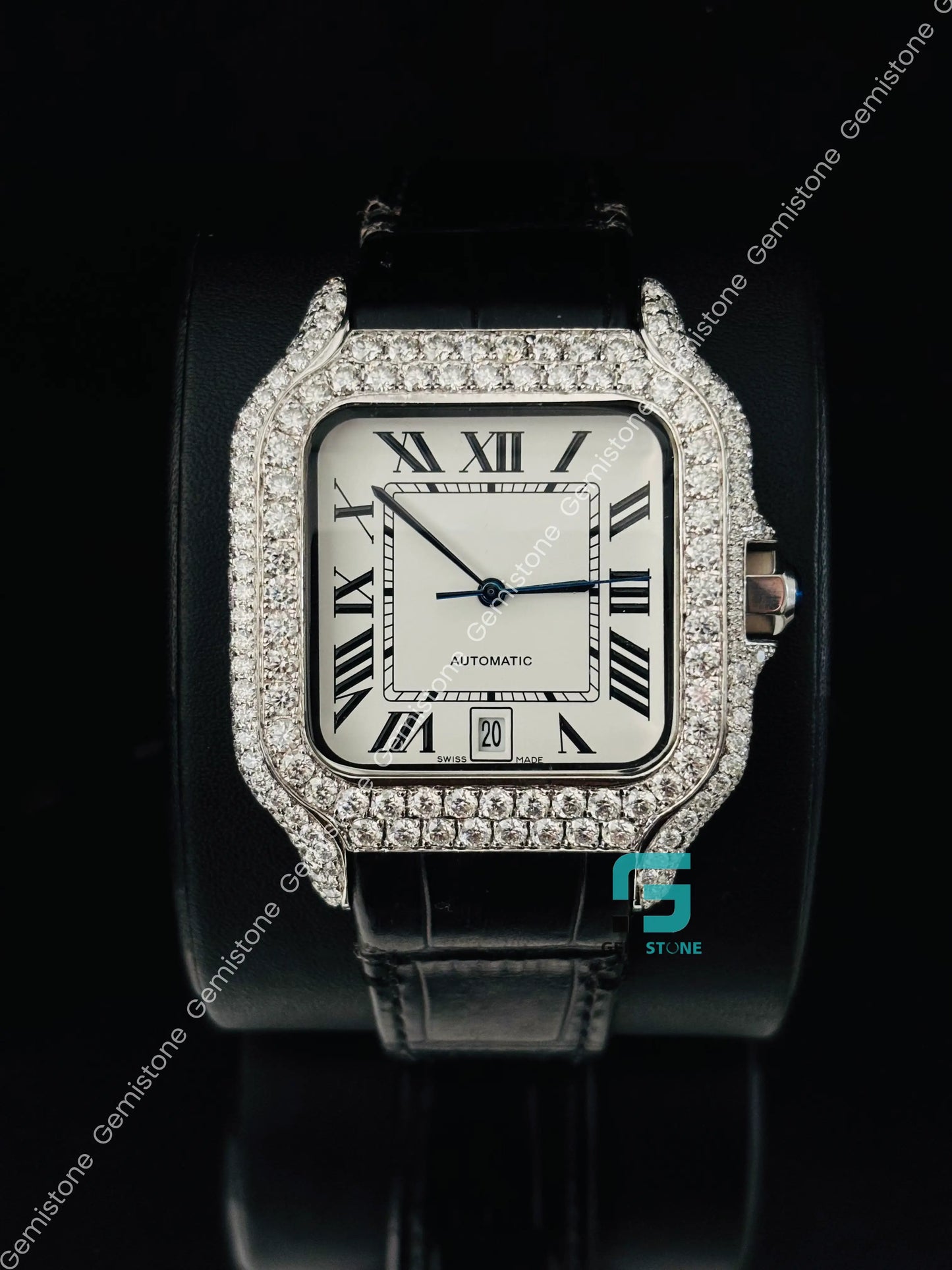 Black Lather Strap Moissanite Roman Number Watch