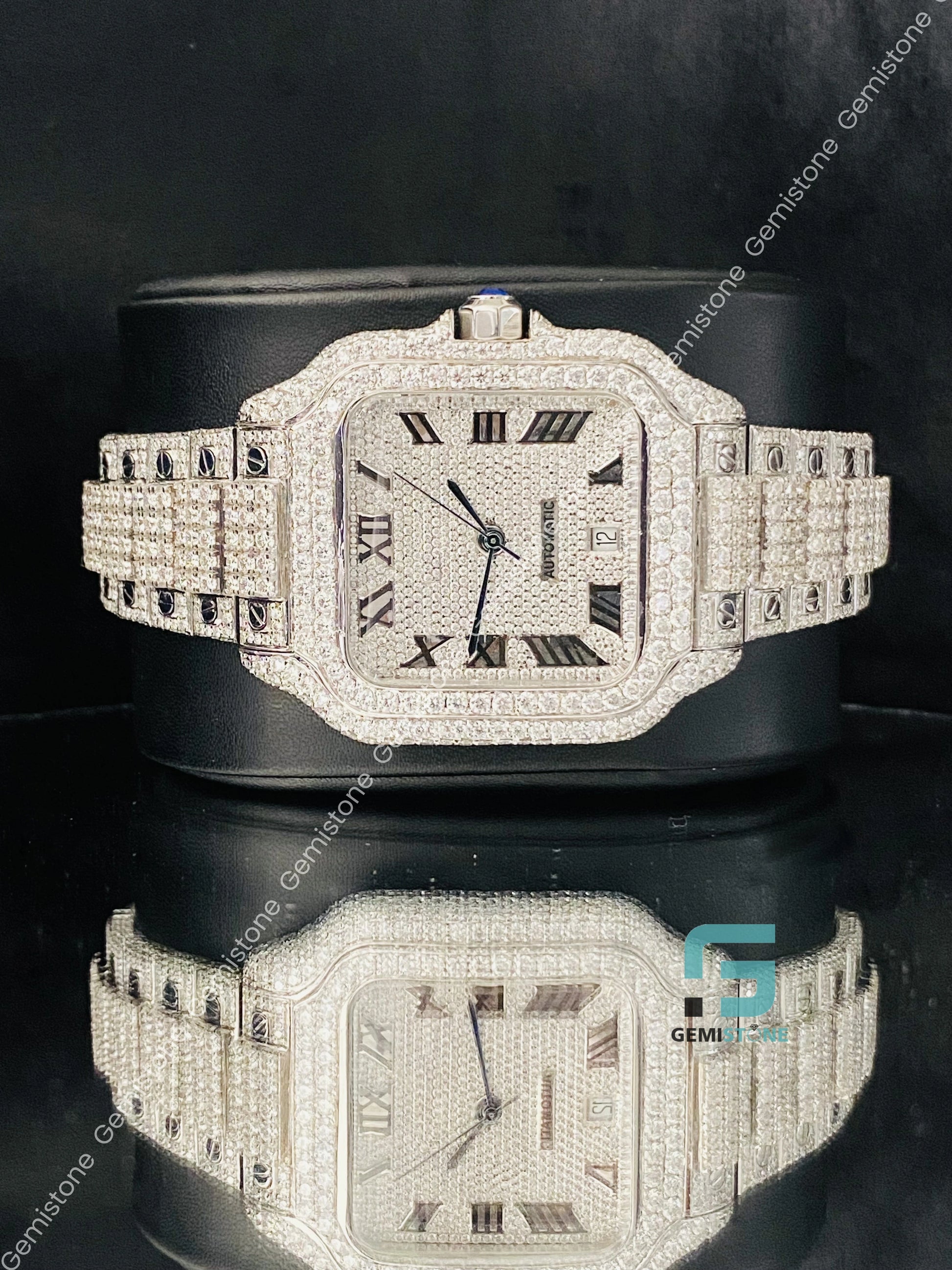Black Roman Number Fully Studded moissanite Watch