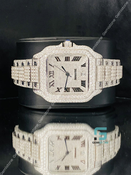 Black Roman Number Fully Studded moissanite Watch
