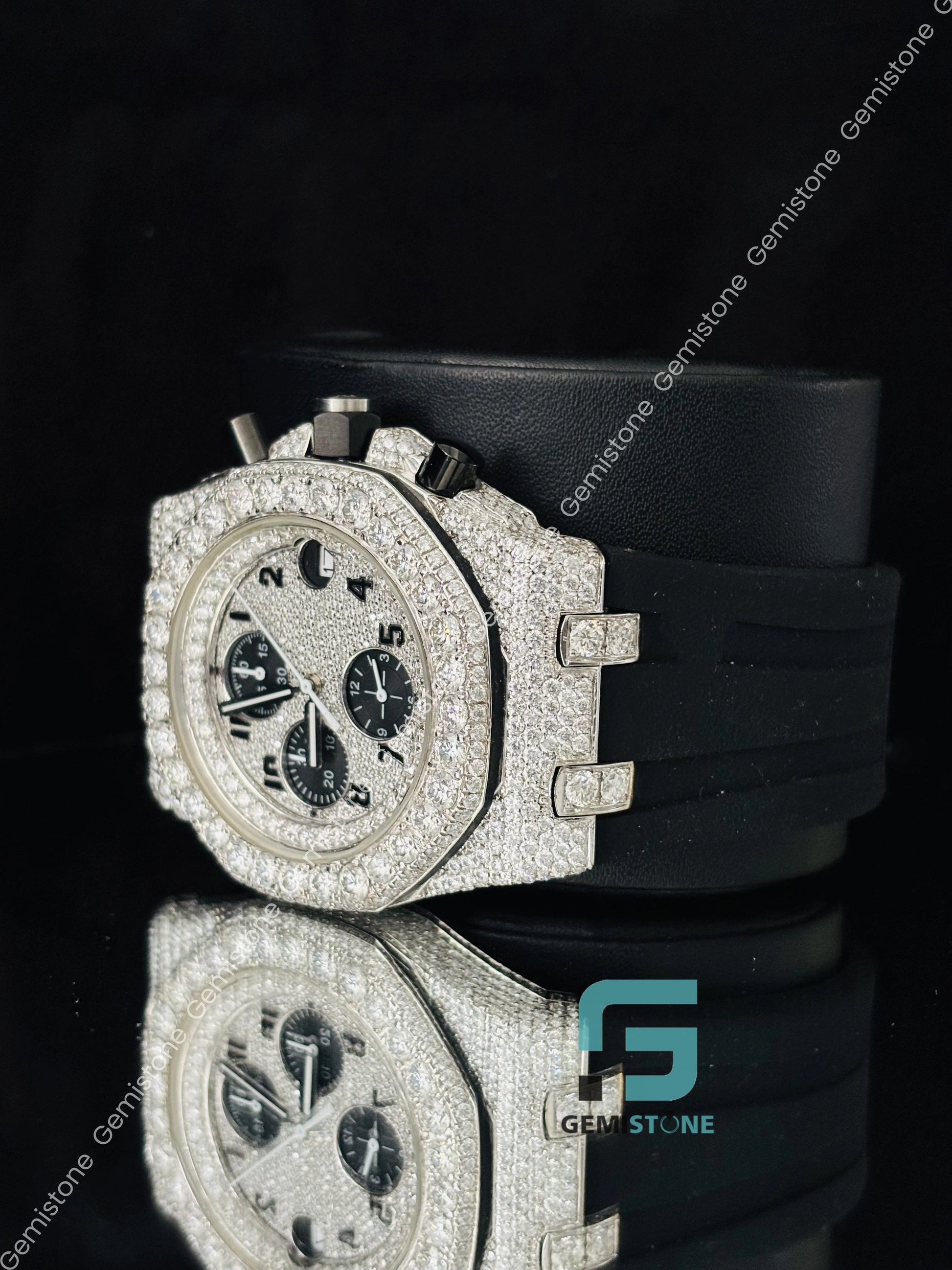 Black Rubber Strap Moissanite Big Bezel Automatic Watch