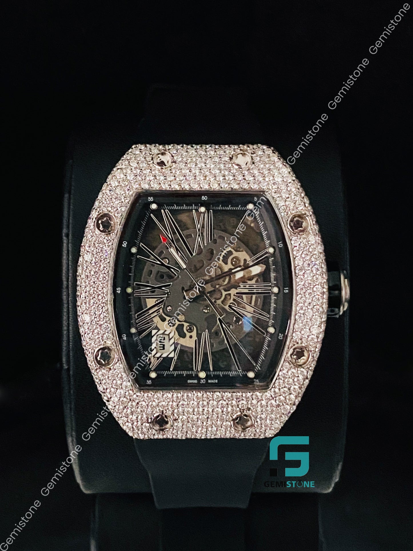 Black Silicon Belt Skeleton dial Moissanite Hip Hop Watch