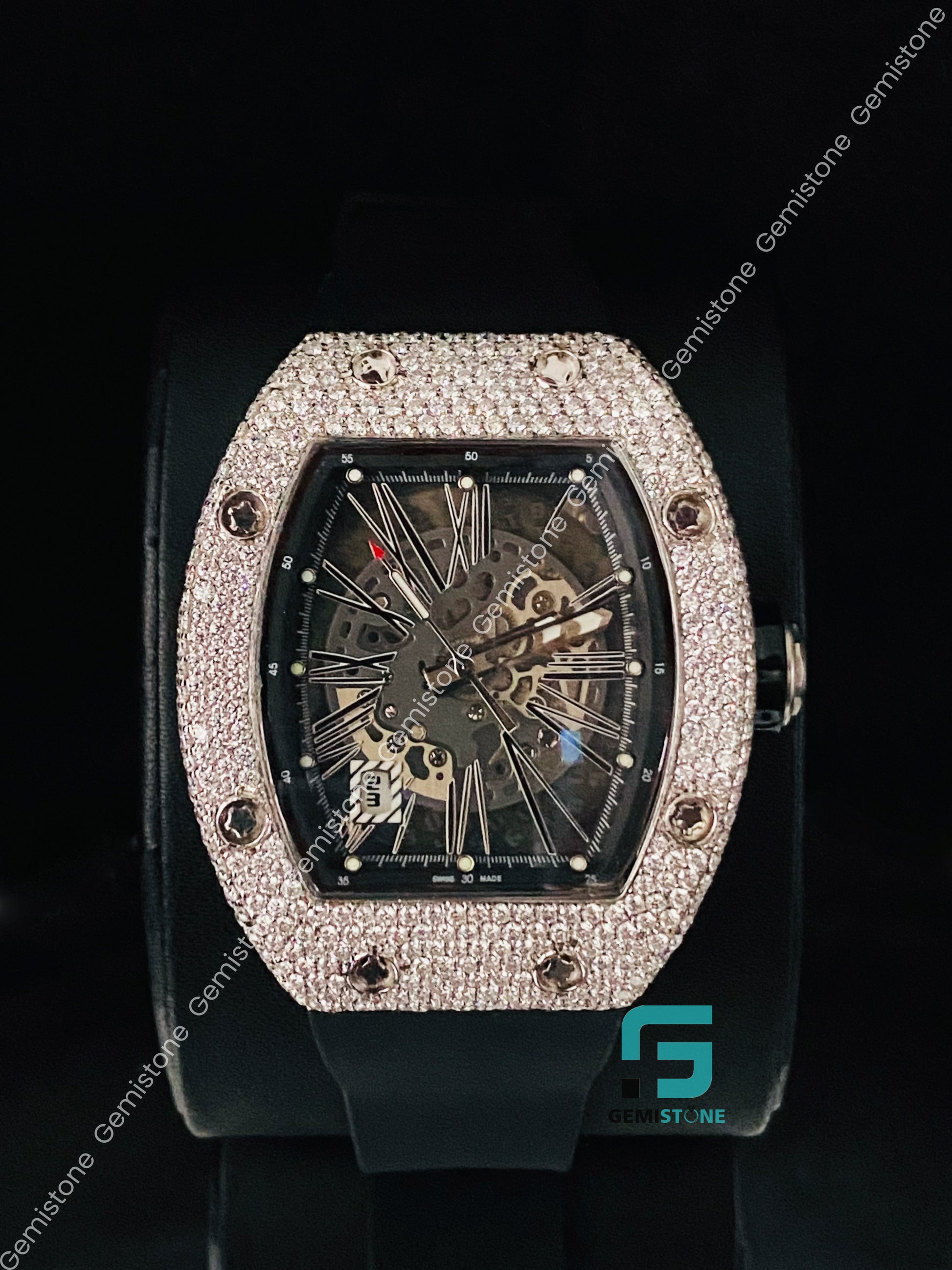 Black Silicon Belt Skeleton dial Moissanite Hip Hop Watch