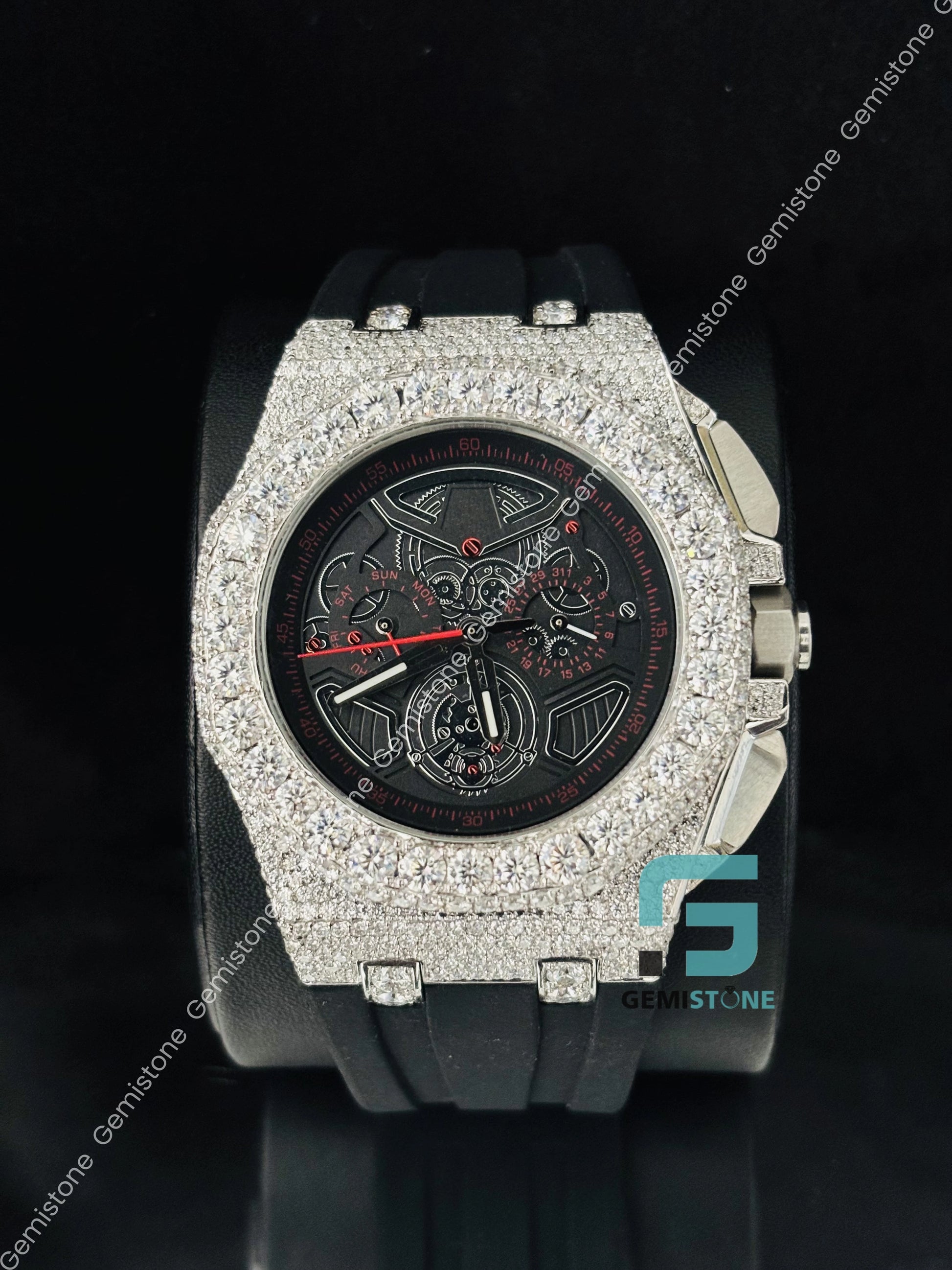 Black Skeleton Dial Iced Out Moissanite Watch