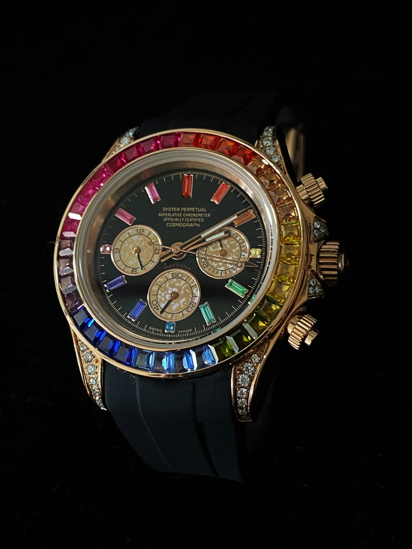 Black Strap With 41MM Colorfull Baguette Bezel Dial Moissanite Watch