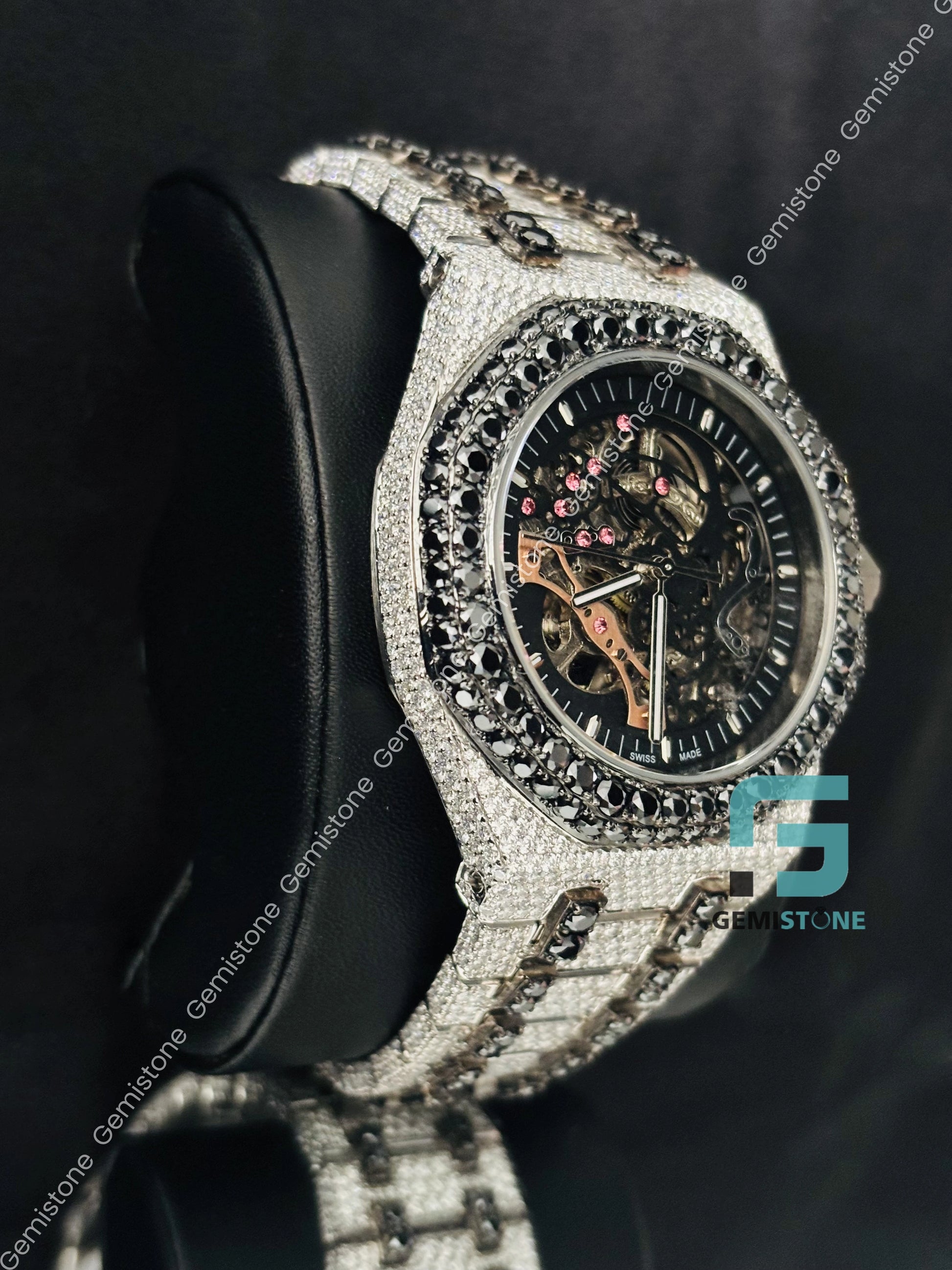 Black_ White Diamond Skeleton Dial Hip Hop Moissanite Watch