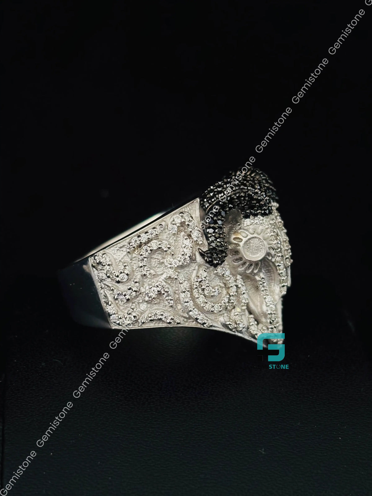 Black & White Diamond RAM Head Skull Moissanite Hip Hop Ring