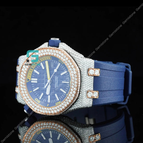 Blue-Silicon-Strap-Moissanite-Bezel-Diamond-Watch