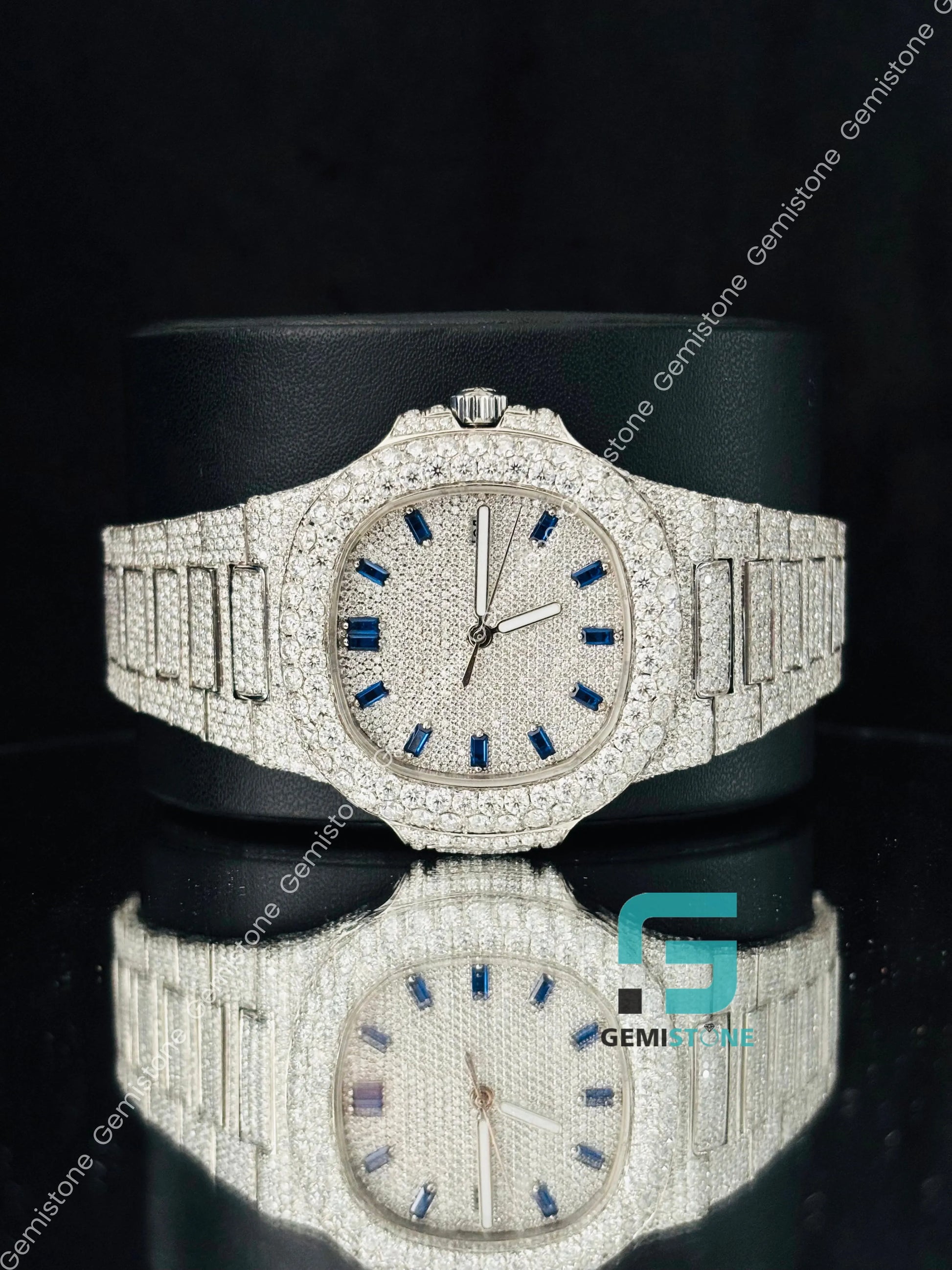 Blue BaguetteBar Moissanite Fully Iced Out Patek Watch