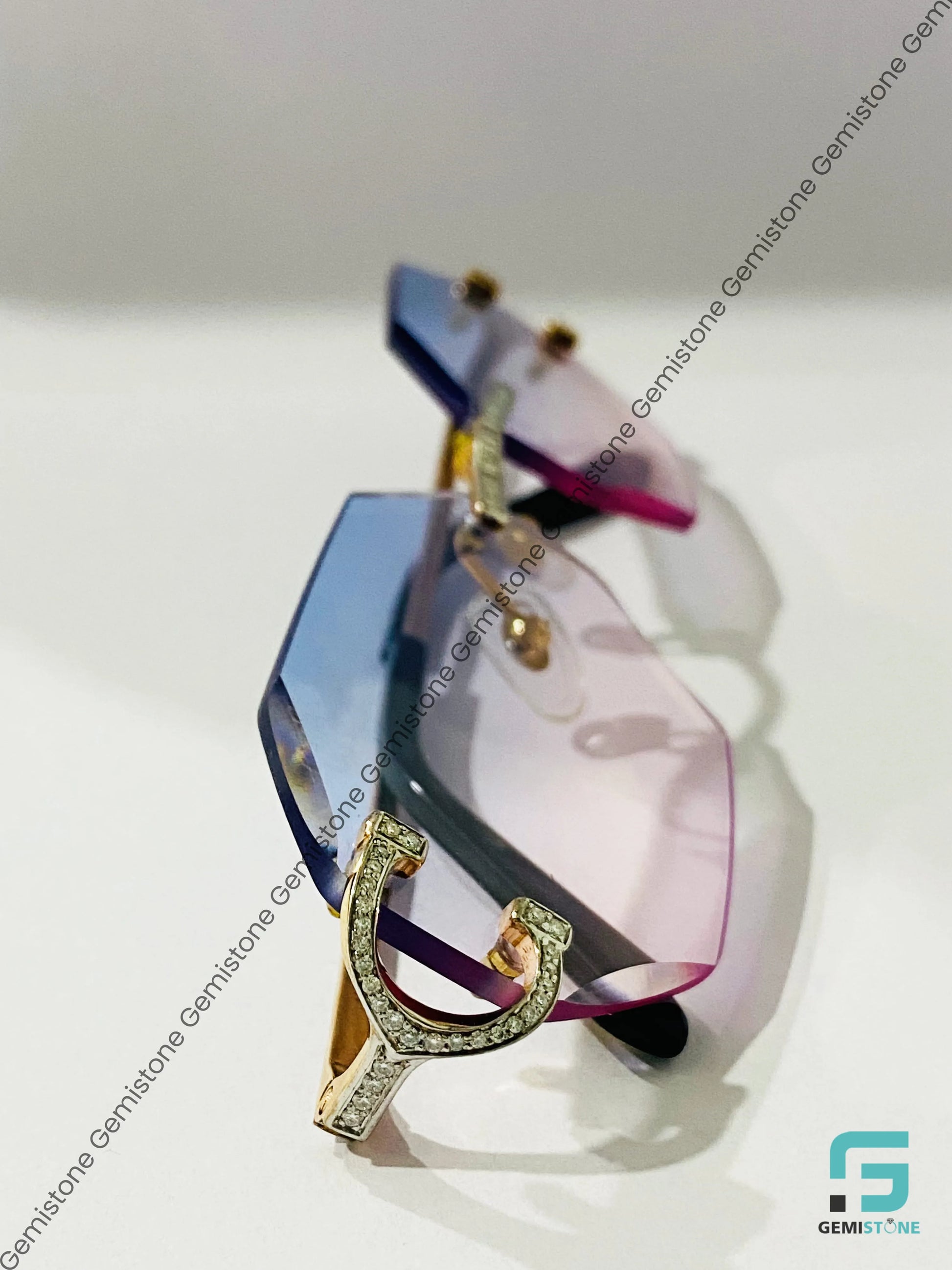 Blue Pink Gradient Fluted Lenses Big C Wire Rimless Moissanite Sunglasses
