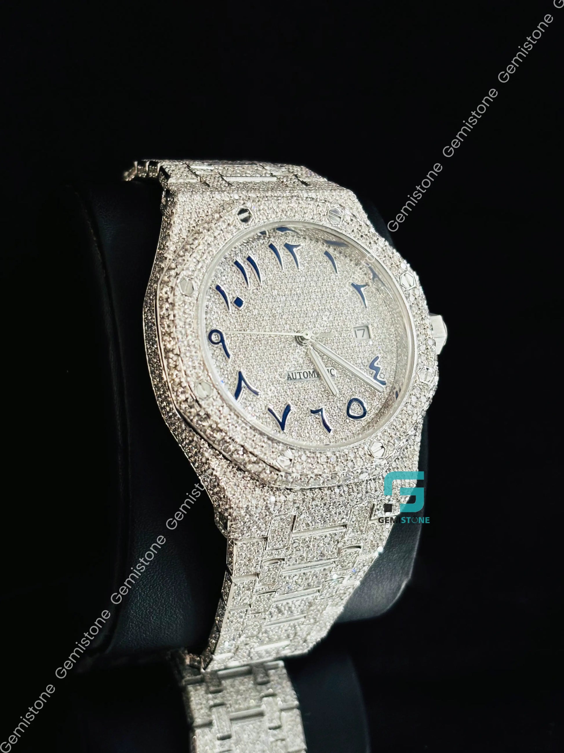 Blue Arabic Number Moissanite Studded Watch