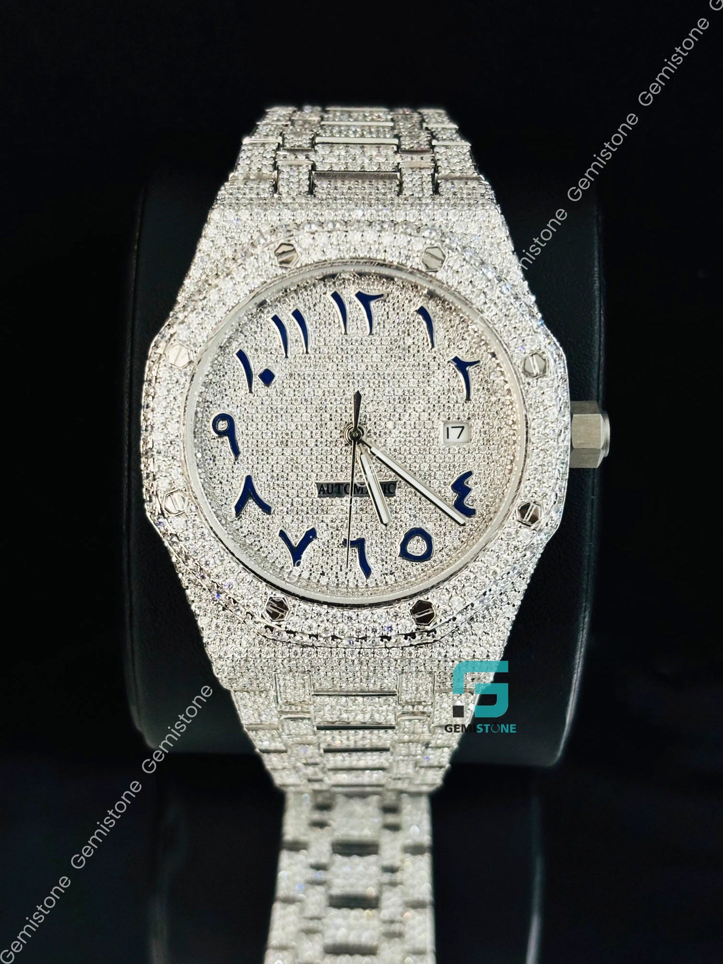 Blue Arabic Number Moissanite Studded Watch for Men