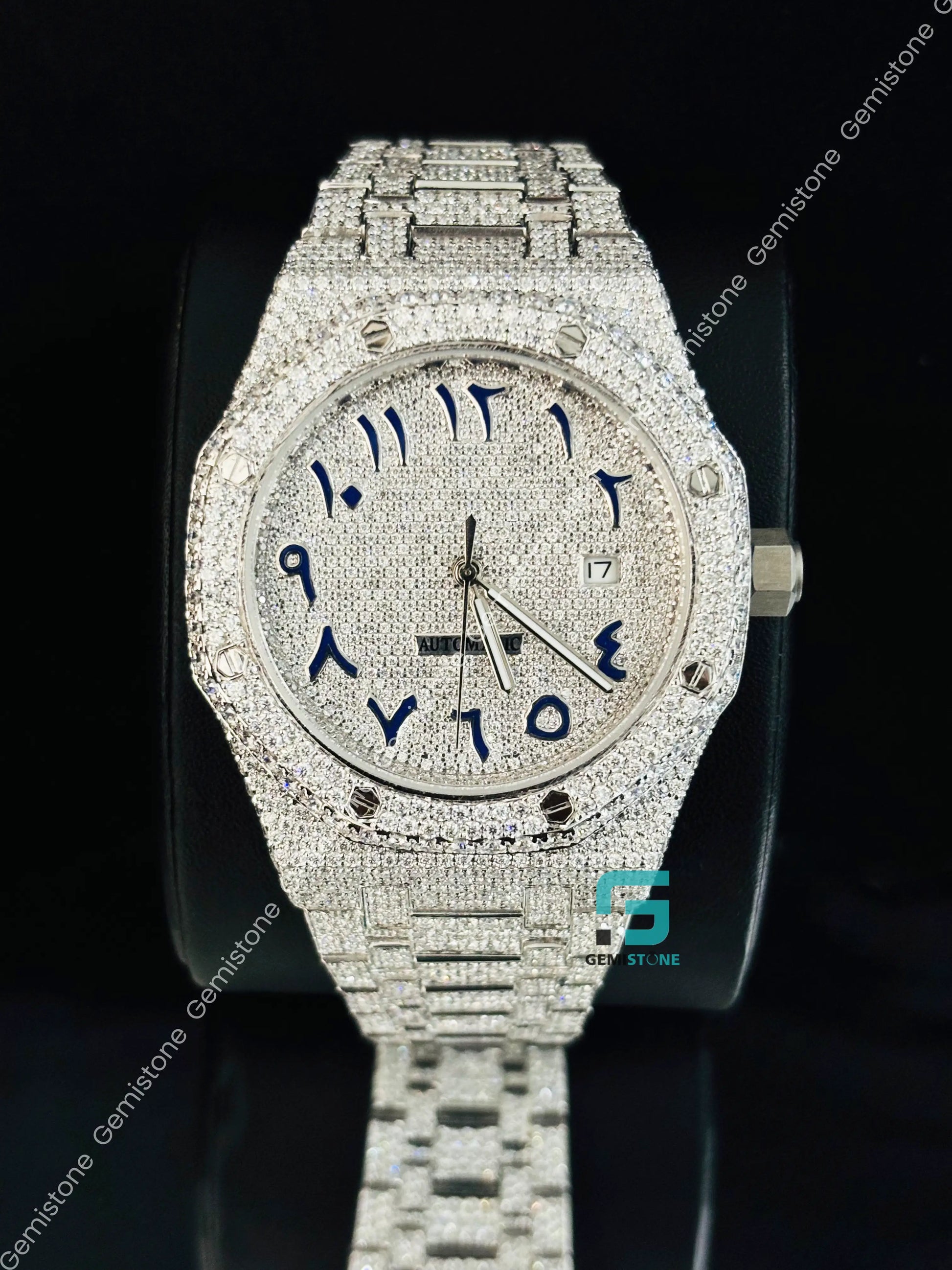 Blue Arabic Number Moissanite Studded Watch for Men