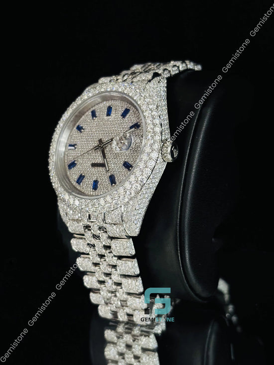 Blue Baguette Bar Moissanite Studded Watch