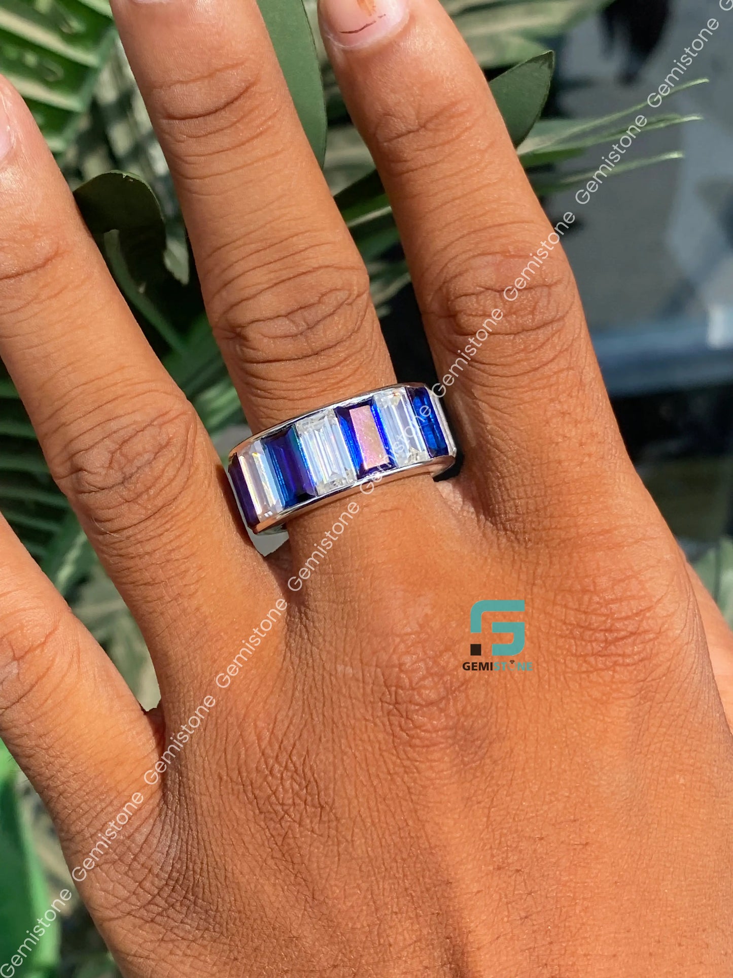 Blue Baguette Moissanite Full Eternity Band For Men
