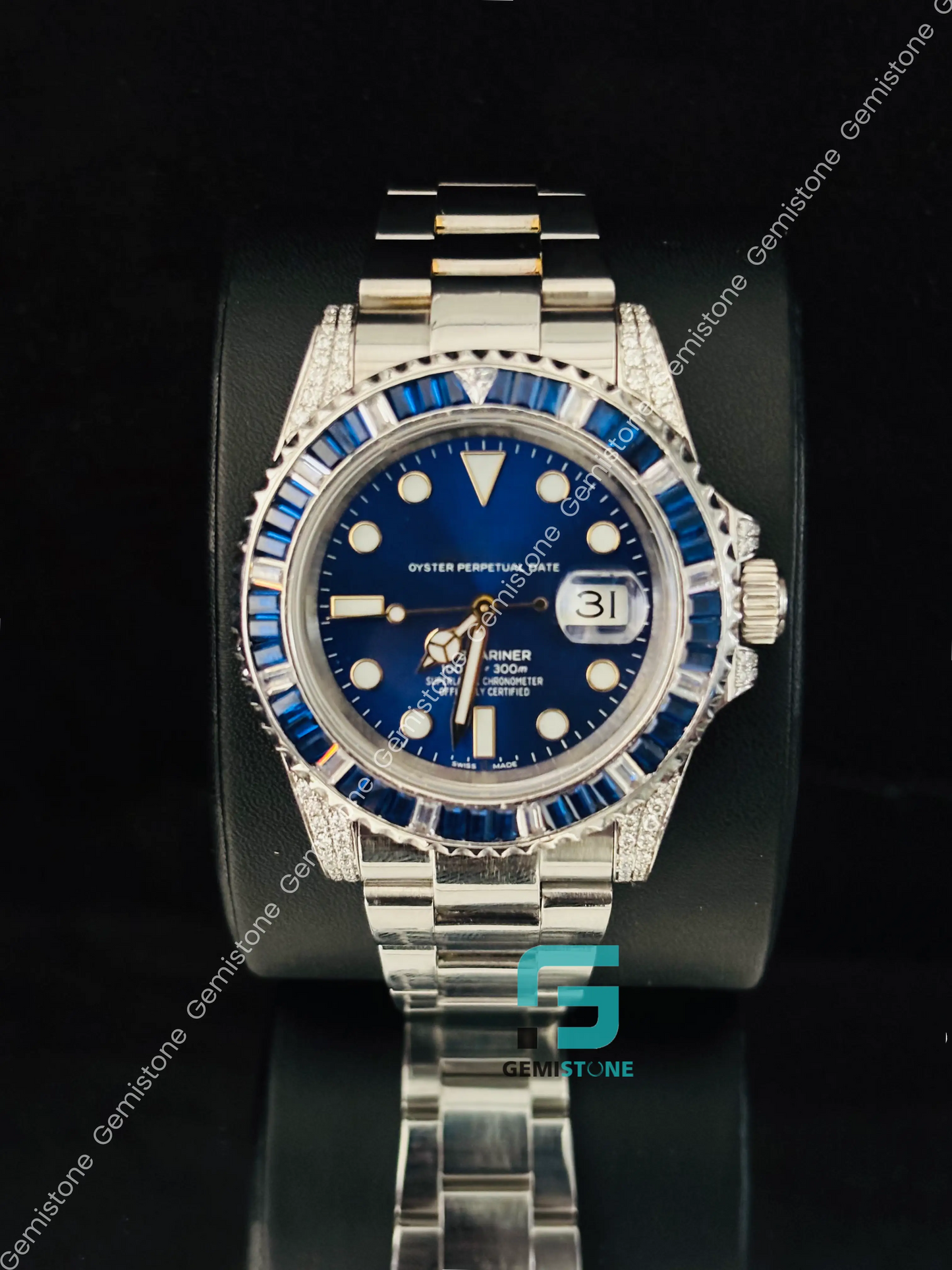 Blue Baguette Rolex Moissanite Watch For Men