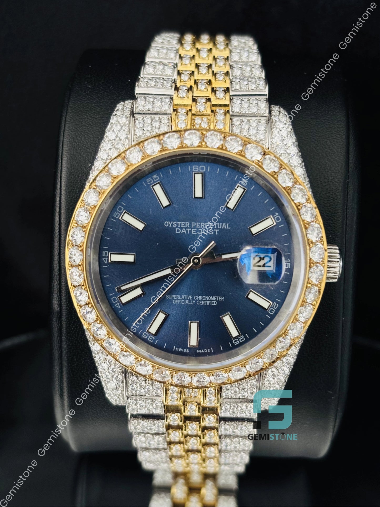 Blue Dial White Bar Moissanite Iced Out Watch