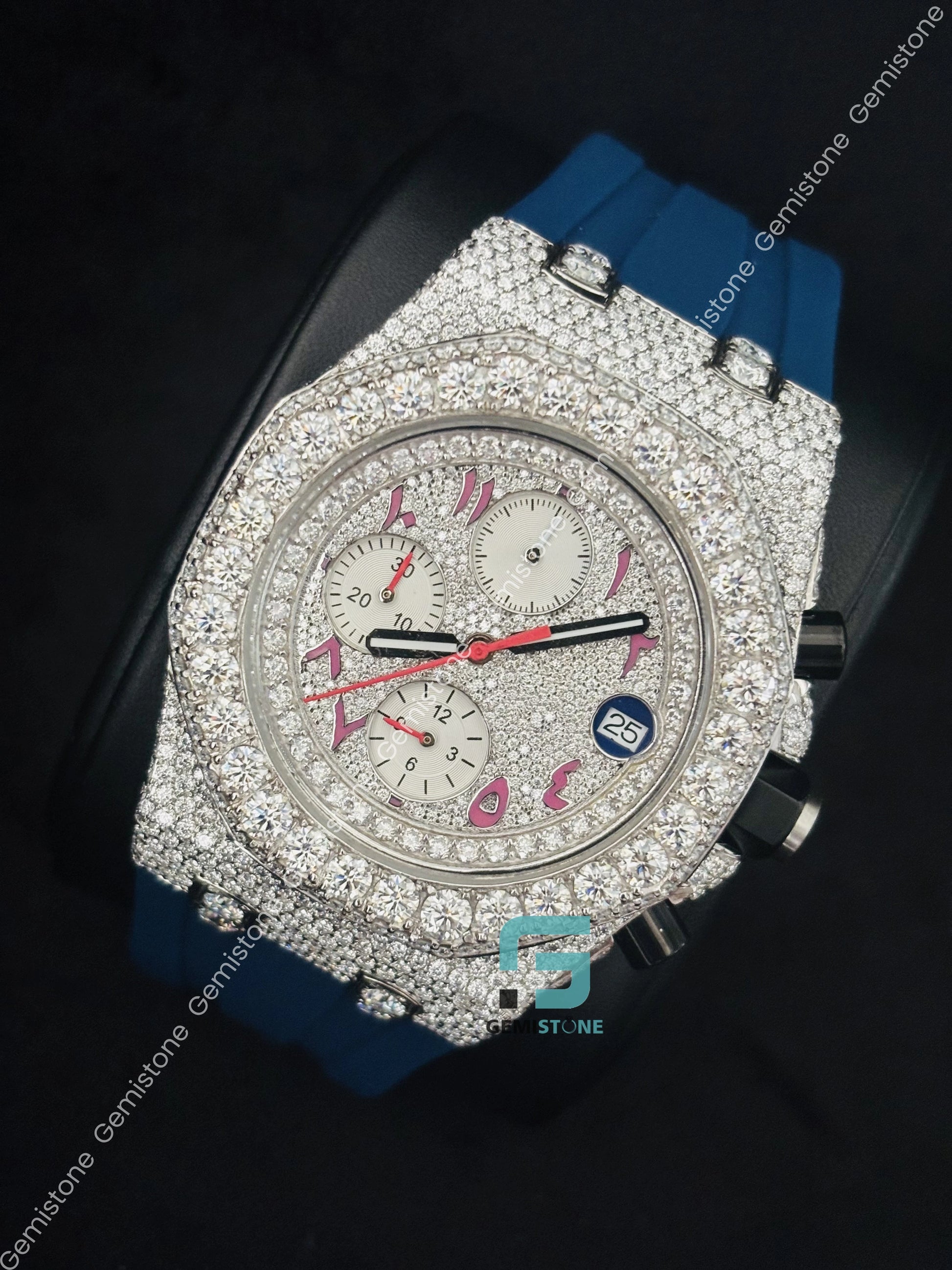 Blue Silicon Belt Moissanite Hip Hop Watch