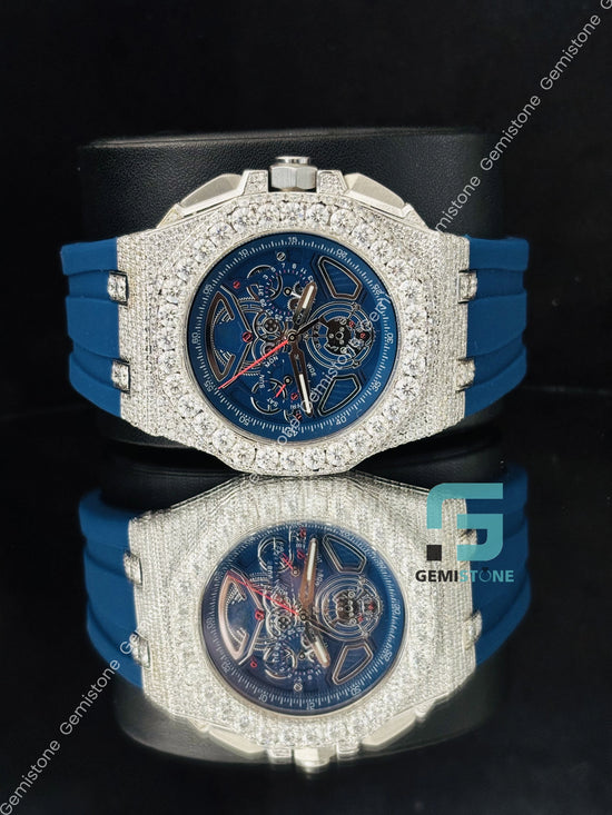 Blue Silicon Belt Moissanite Skeleton Dial Hip Hop Watch