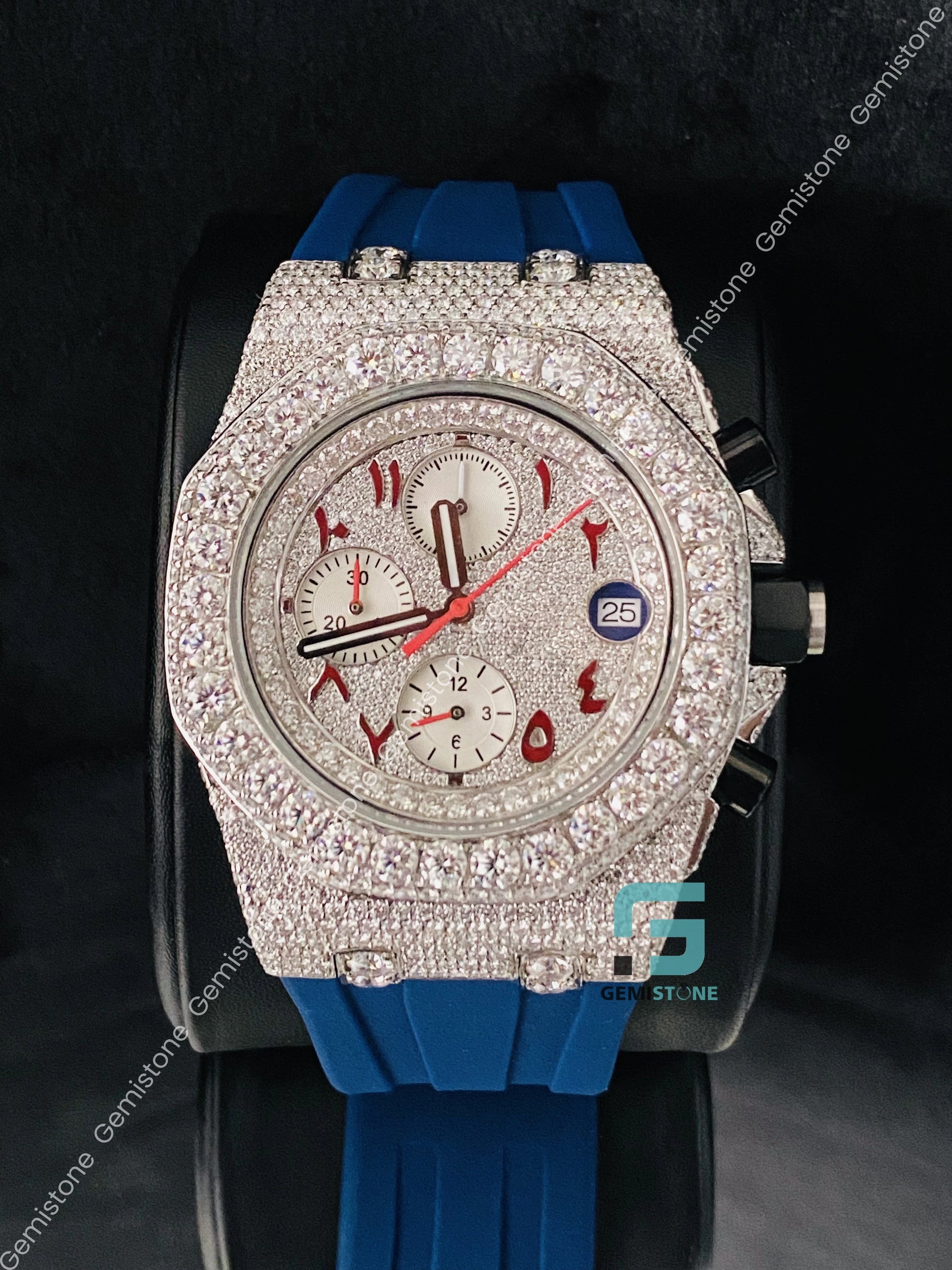 Blue Silicon Belt Red Arabic Number Moissanite Watch