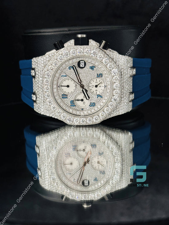 Blue Silicon Chronograph Moissanite Iced out Moissanite Watch