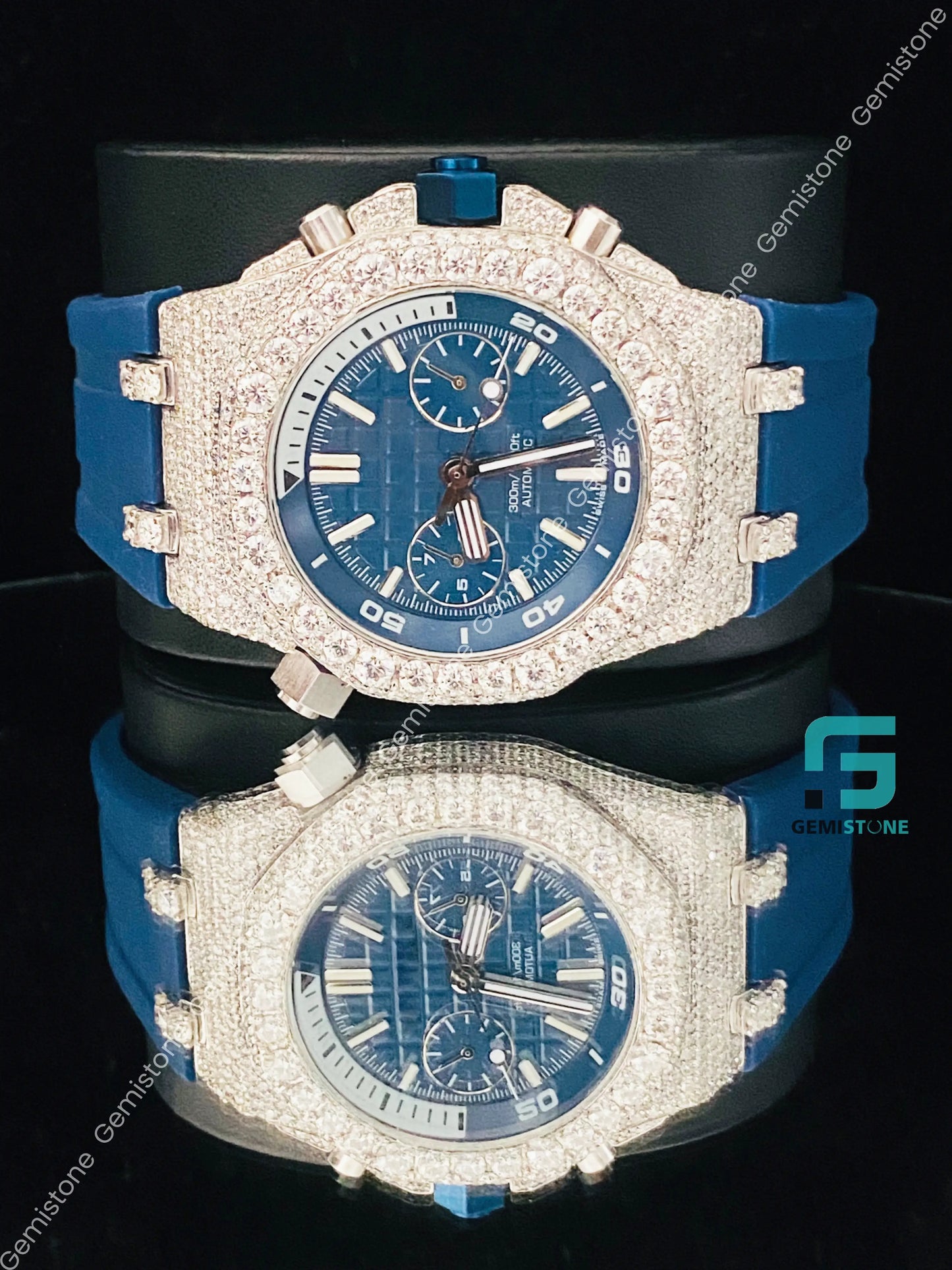 Blue_Silicon_Strap_Moissanite_Watch_For_Men