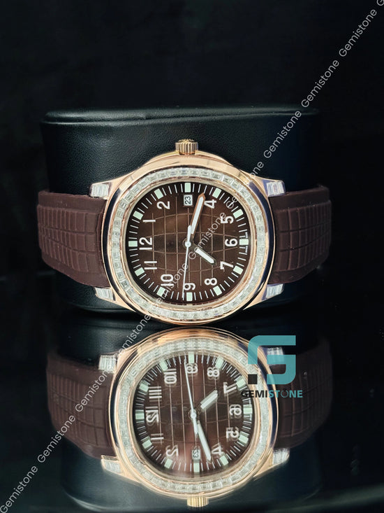  Brown Silicon Belt Tapisserie Pattern Dial Moissanite Watch