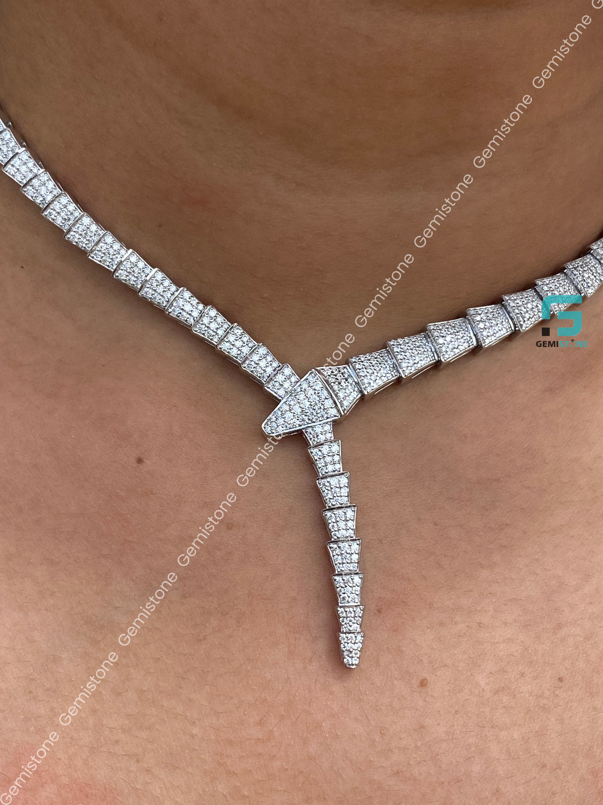 925 Silver Serpenti Viper Round Snake Moissanite Necklace