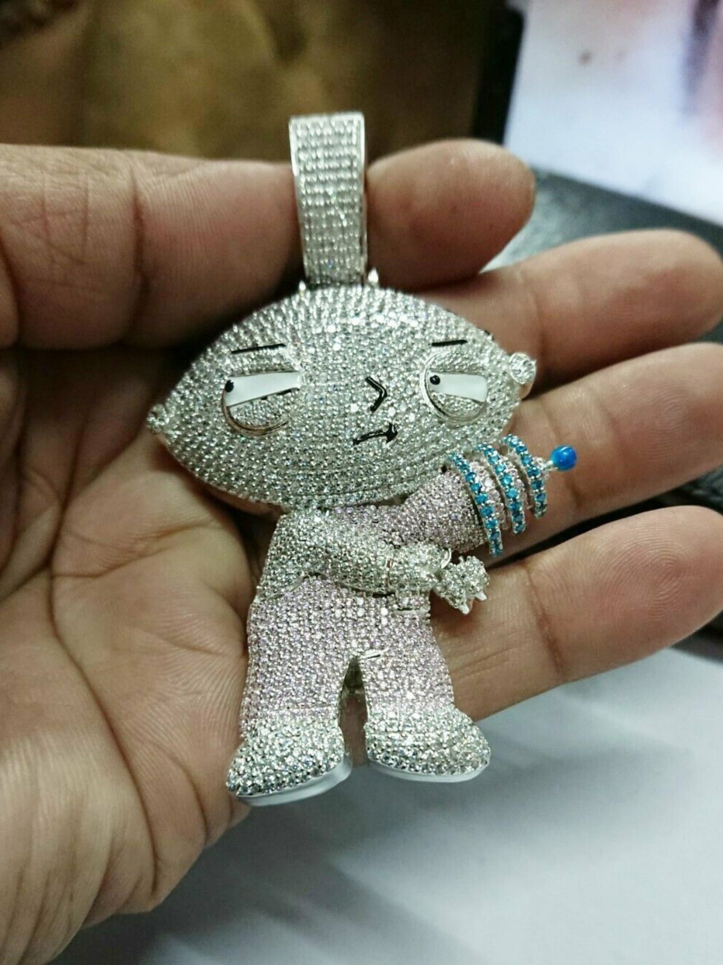 3" Long 1.5" Wide Moissanite Iced Out Cartoon Stewie Griffin Pendant