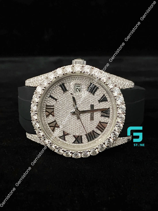 Elegant Half Iced Out VVS Moissanite Watch With Black Silicon Straps