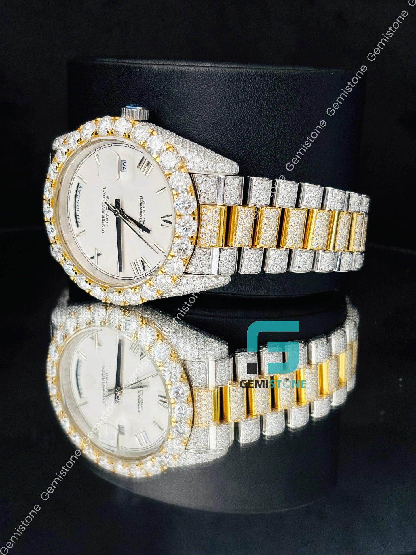 Dual Tone White Dial Roman Number Moissanite Watch