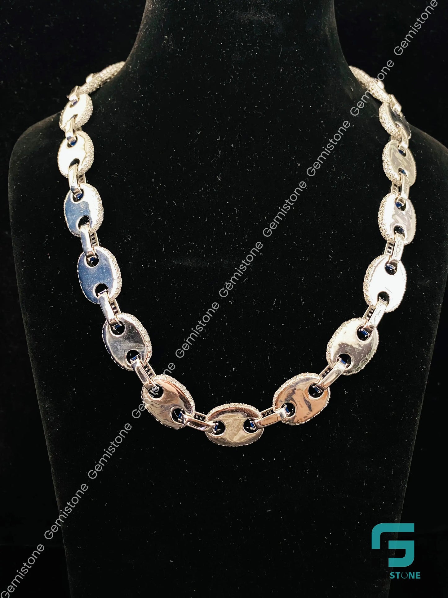 22" 925 Silver Fully Iced Out Round & Blue Baguette Puff Link Moissanite Cuban Chain