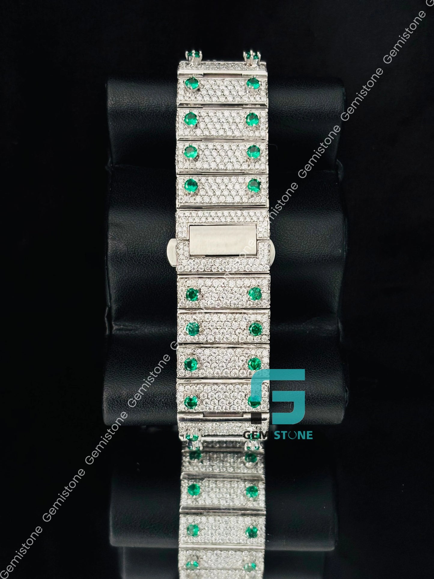 Bust Down White Green Stone Moissanite Watch