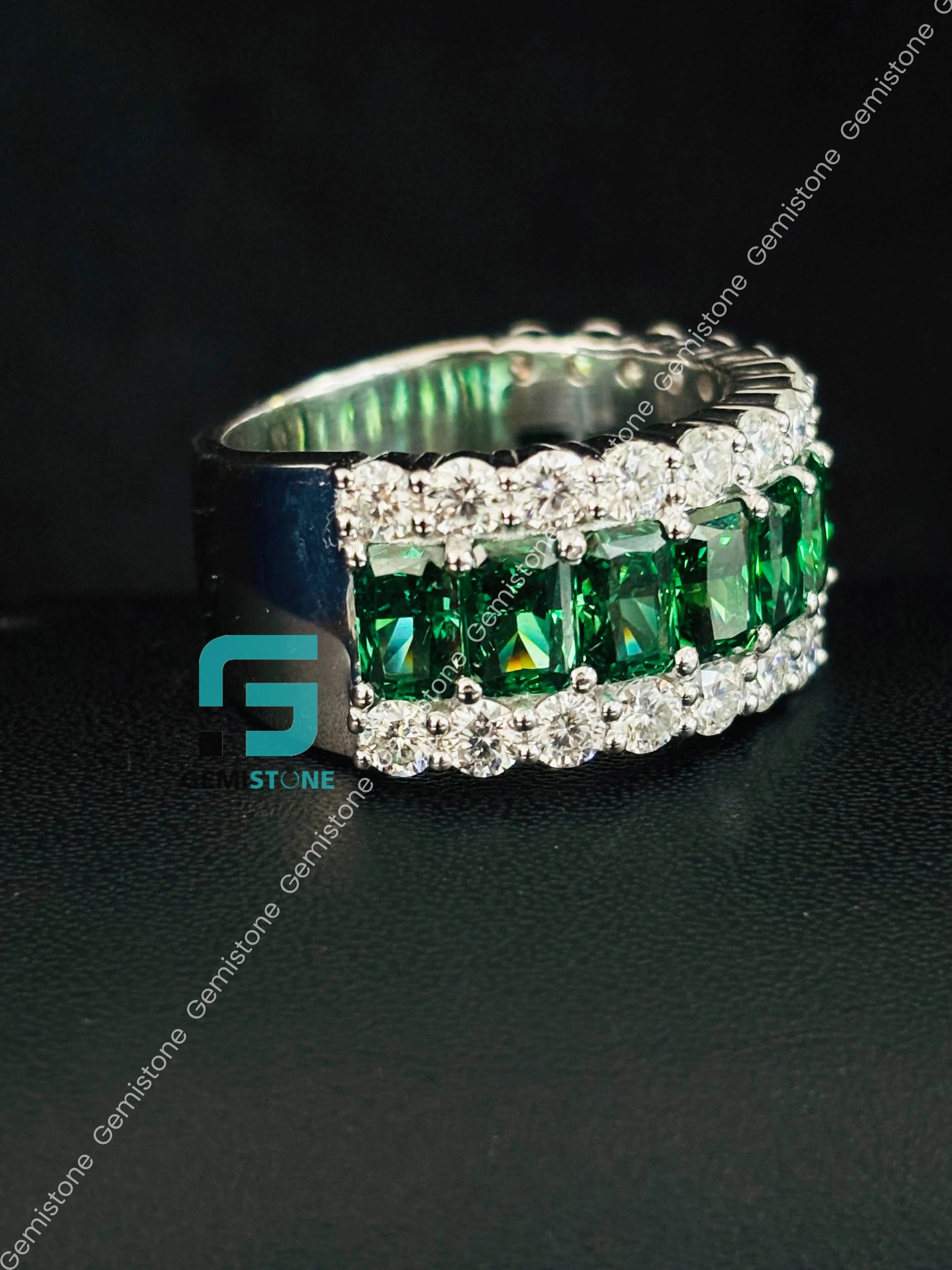 Bust Down Iced Out Green Diamond Wedding Band
