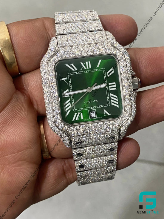41MM Olive Green Dial Roman Numerical Moissanite Hip Hop Watch