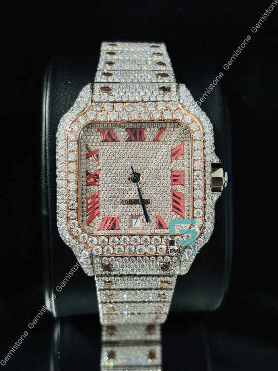 Bust Down Pink Roman Number Rose Gold Plating Moissanite Watch