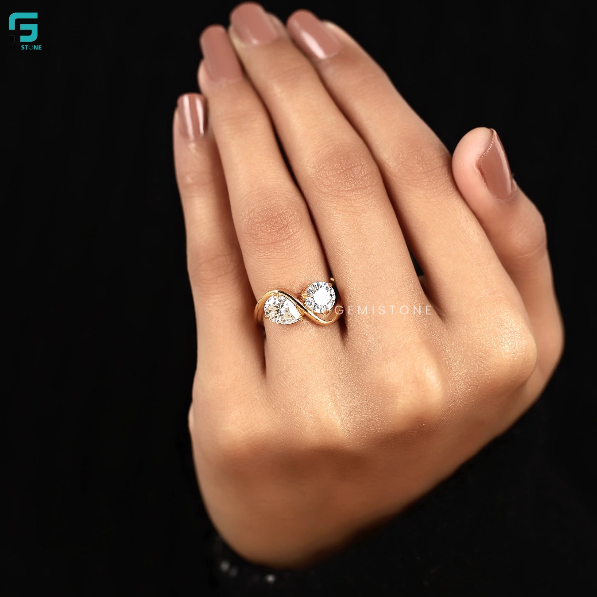 By pass Pear And Round Two Stone Engagement Ring For Women