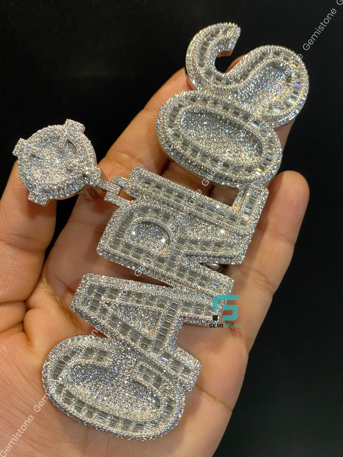 CARLOS Name Round and Baguette Moissanite Pendant