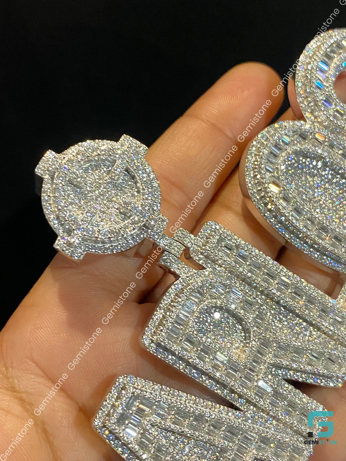 CARLOS Name Round and Baguette Moissanite Pendant
