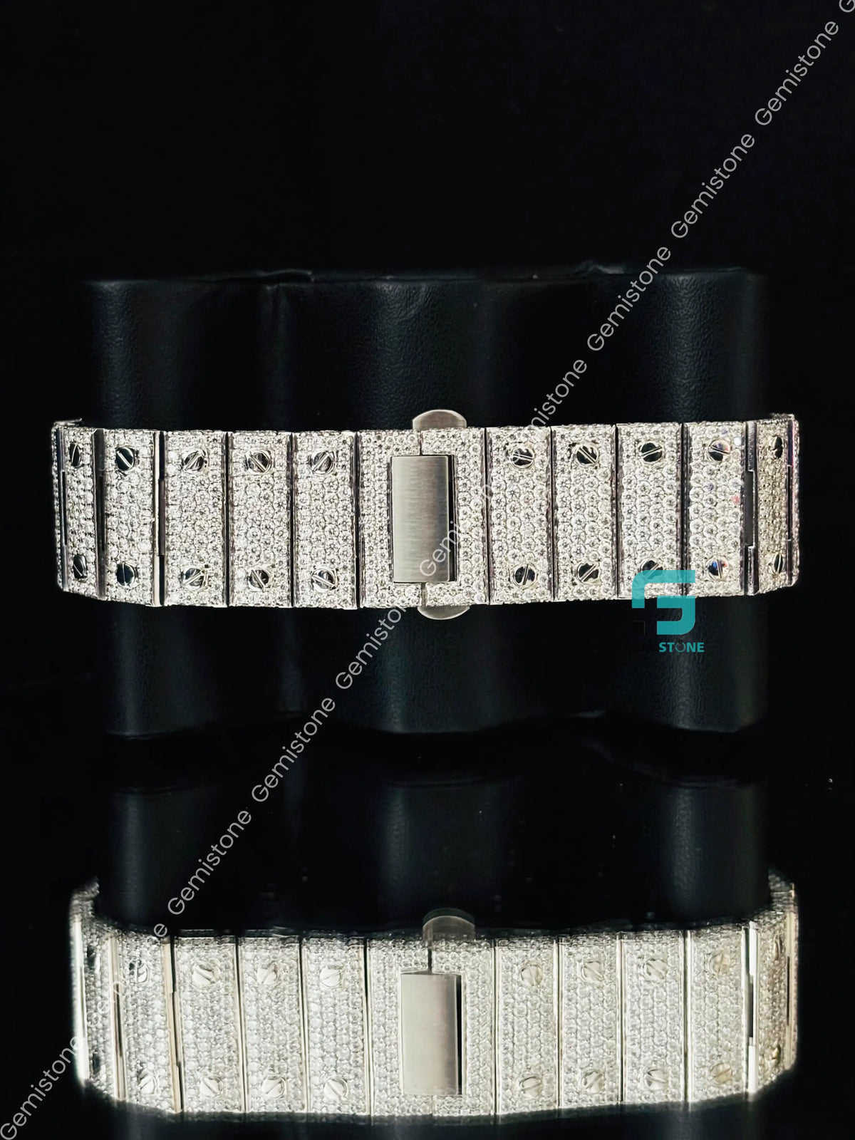 Pink Dial Iced Out Studded Roman Number Moissanite Watch