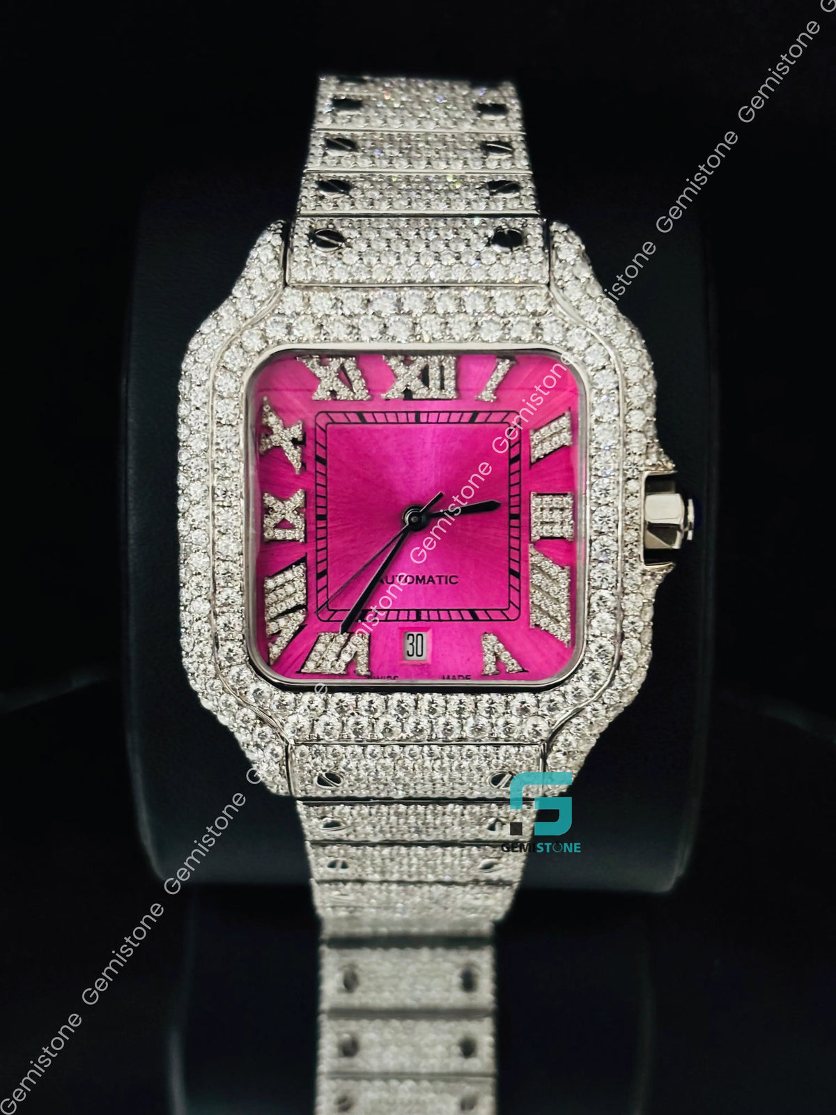 Pink Dial Iced Out Studded Roman Number Moissanite Watch
