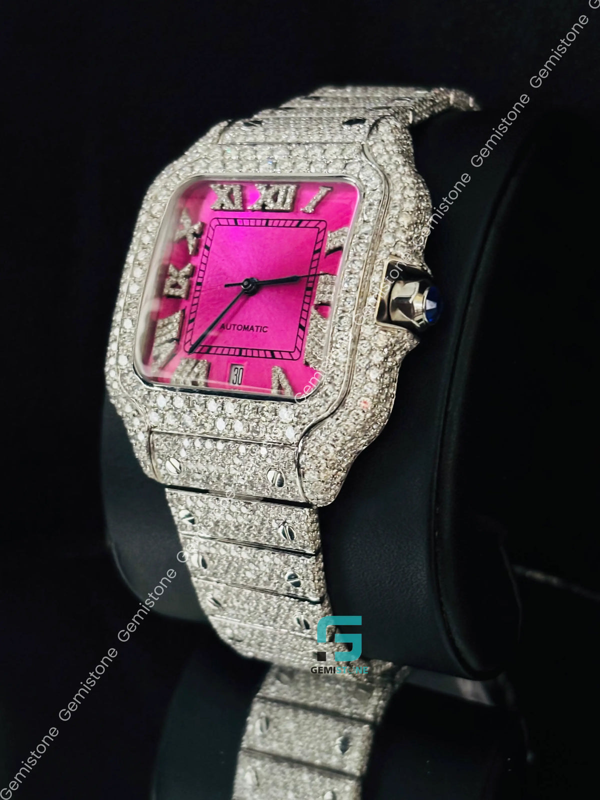 Pink Dial Iced Out Studded Roman Number Moissanite Watch