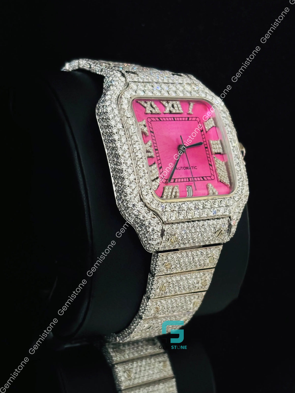 Pink Dial Iced Out Studded Roman Number Moissanite Watch