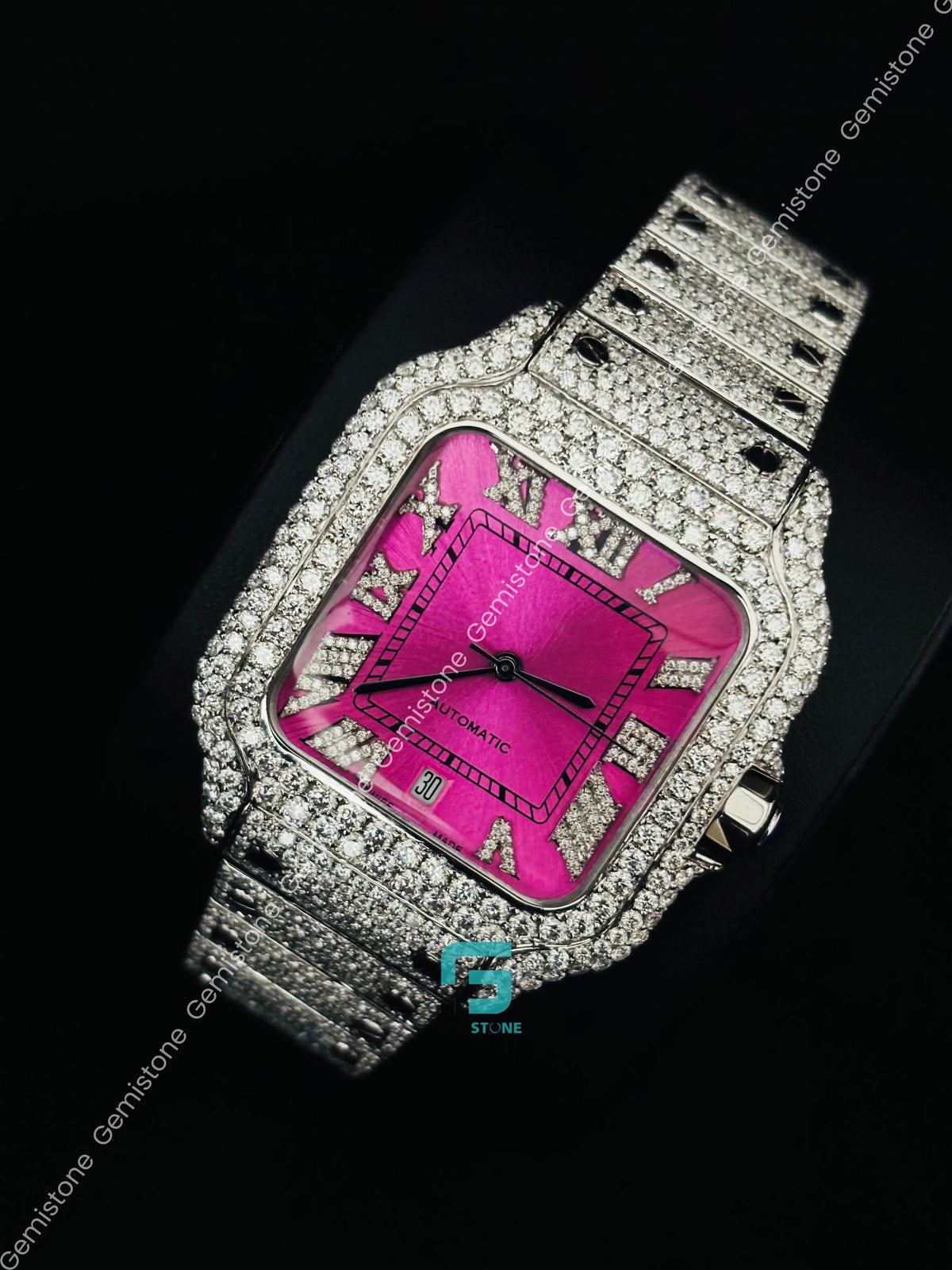 Pink Dial Iced Out Studded Roman Number Moissanite Watch